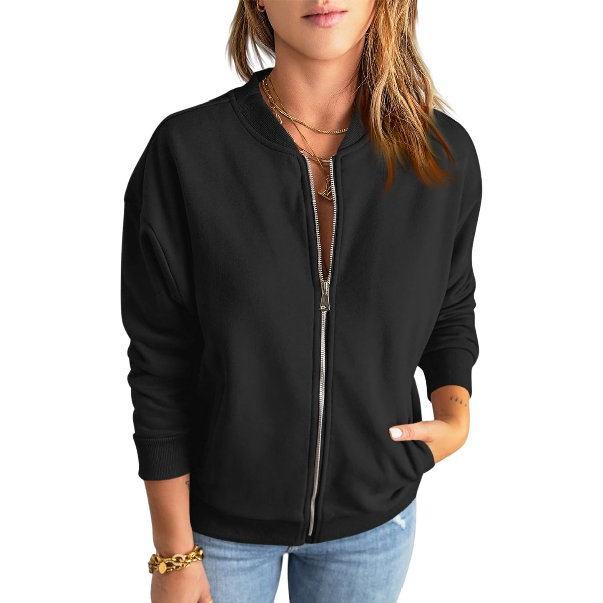 Women’s Plus Knit Long Sleeve Black Zipper Cardigan - 050