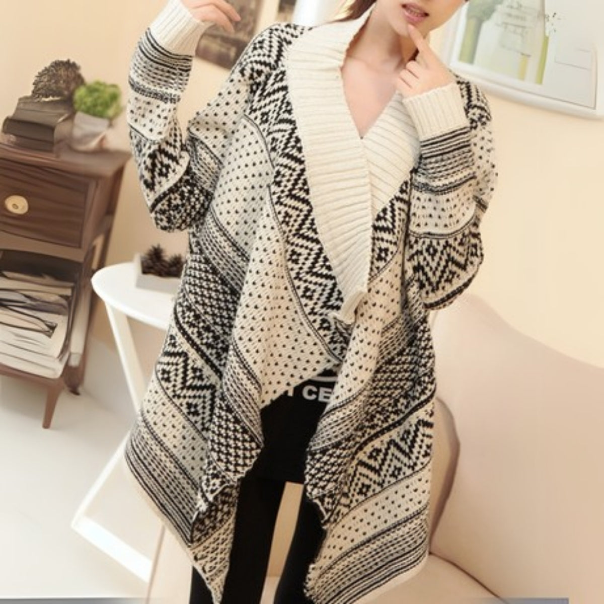 Women’s Tribal Stripes Lapel Cardigan Knit Sweater | Long - 039