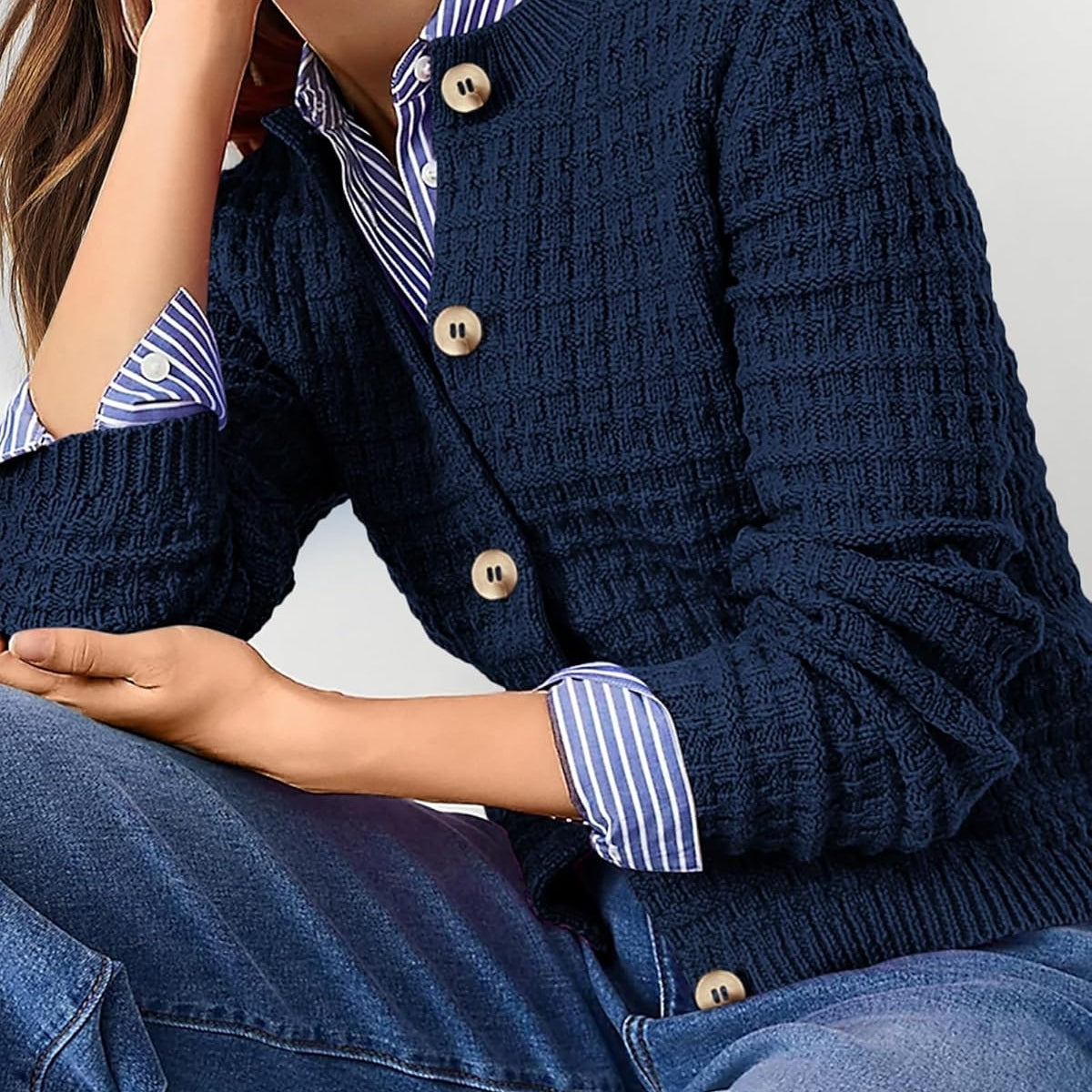 Women Blue Cardigan Sweaters Button Down Long Sleeve - 051