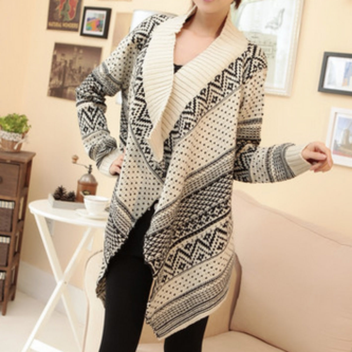 Women’s Tribal Stripes Lapel Cardigan Knit Sweater | Long - 039