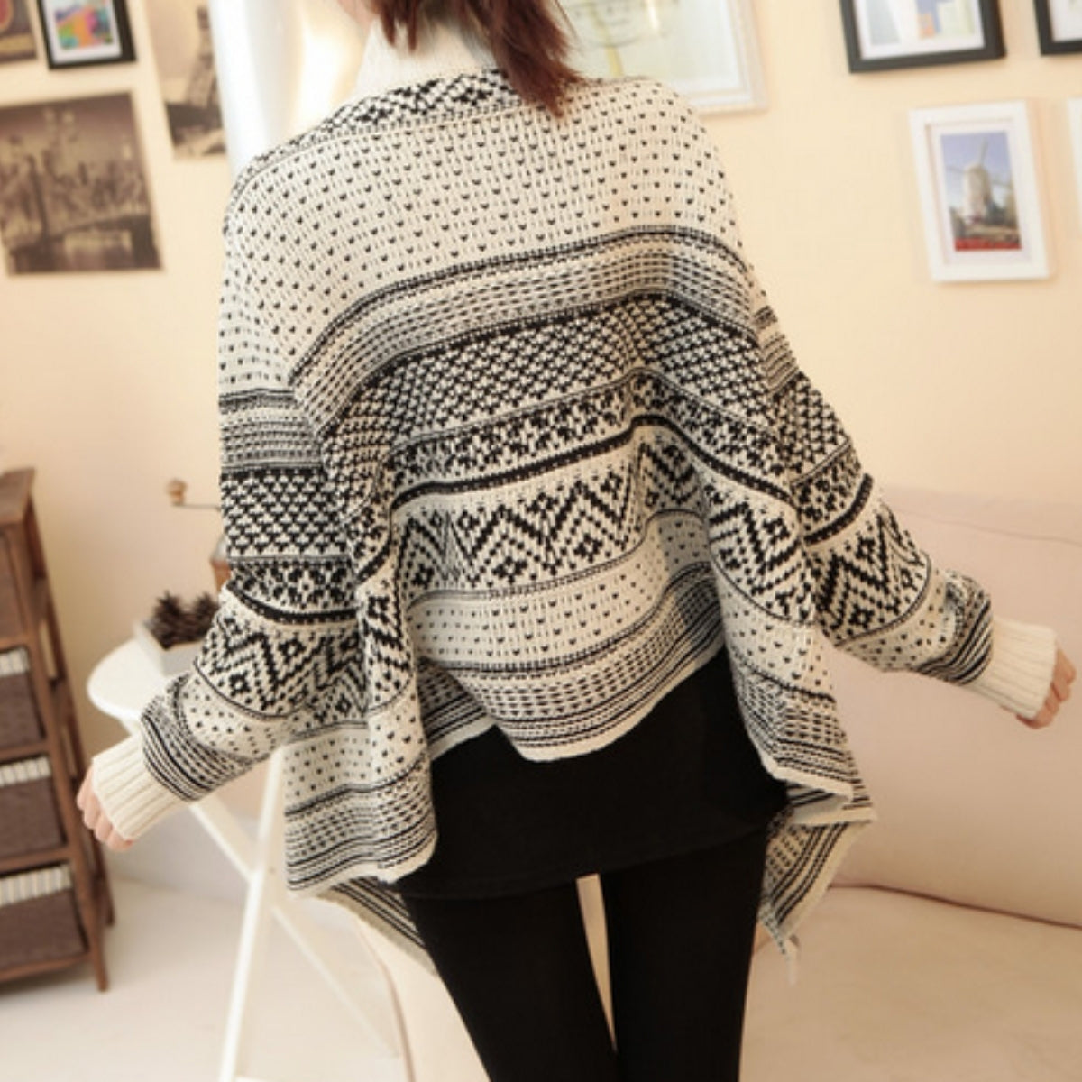 Women’s Tribal Stripes Lapel Cardigan Knit Sweater | Long - 039