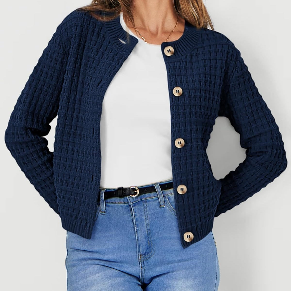 Women Blue Cardigan Sweaters Button Down Long Sleeve - 051