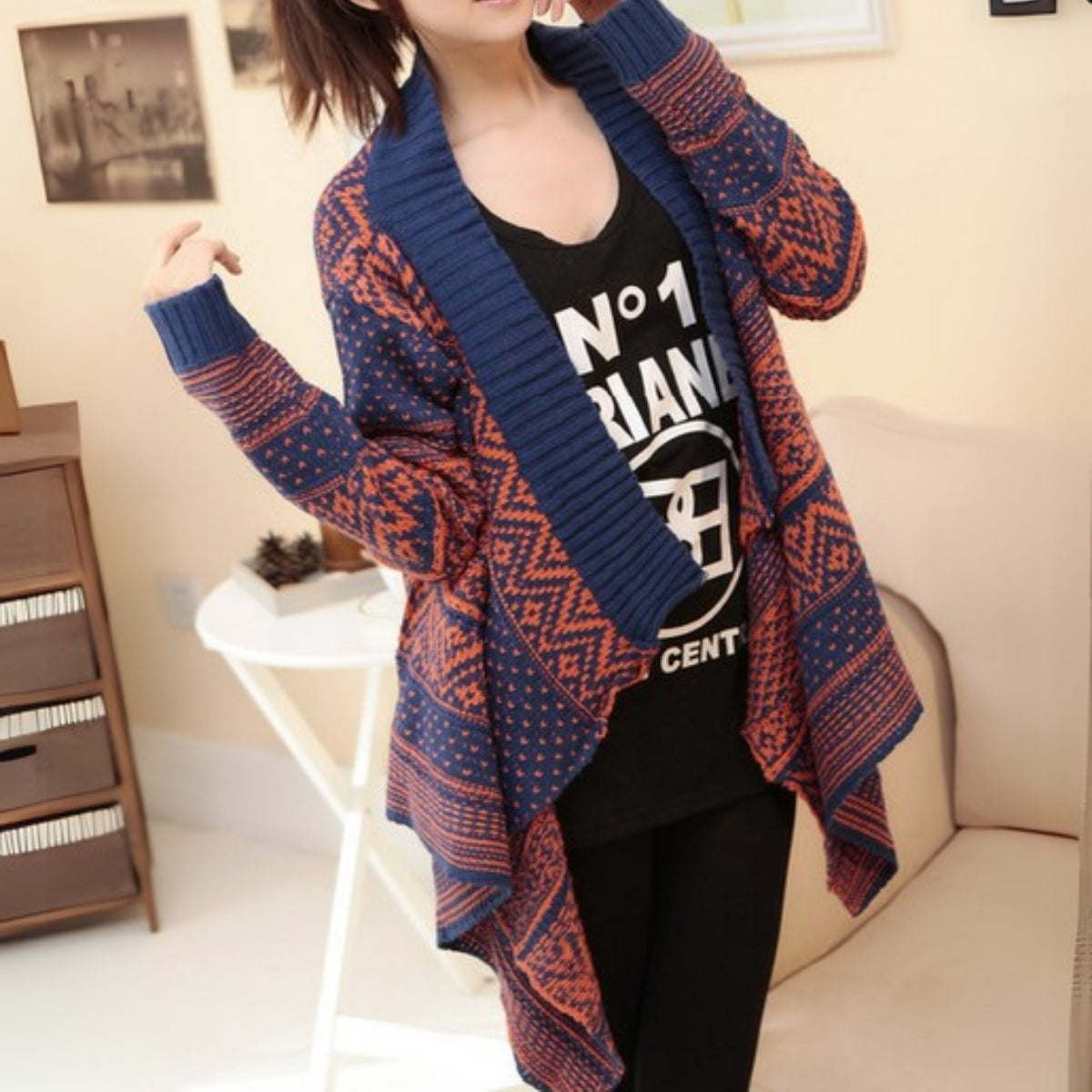 Elegant Geometry Printed Irregular Sleeved Sweater & Cardigan | Long - 040