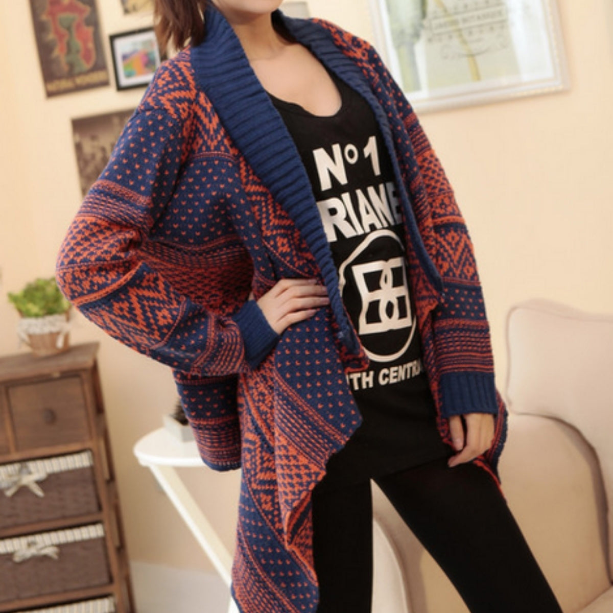 Elegant Geometry Printed Irregular Sleeved Sweater & Cardigan | Long - 040