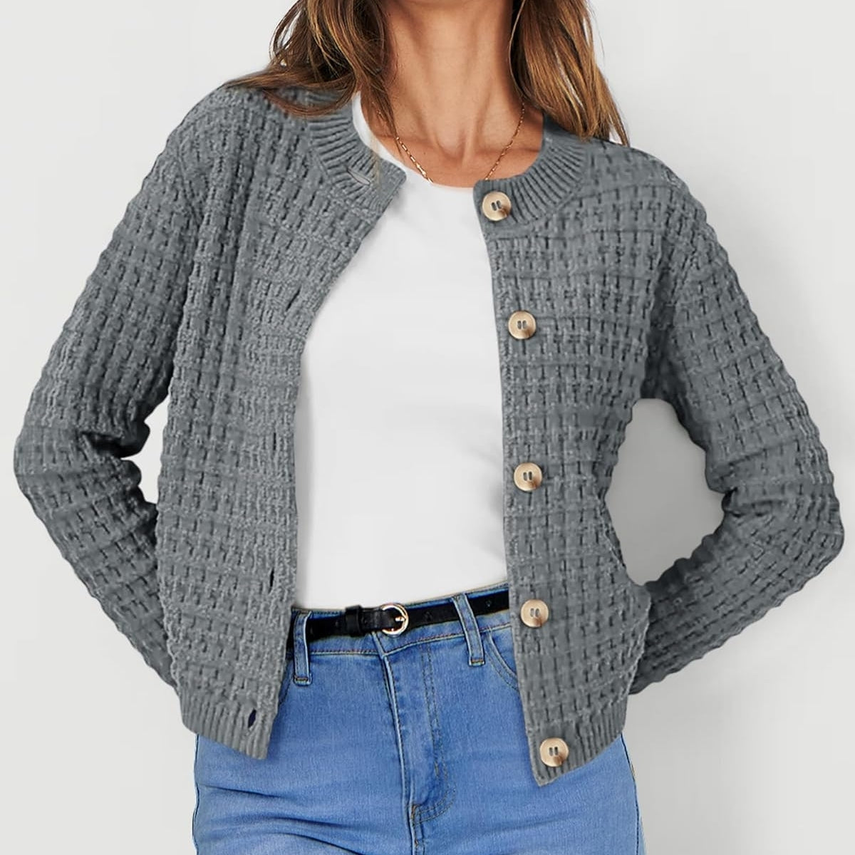 Women Grey Cardigan Sweaters Button Down Long Sleeve - 052