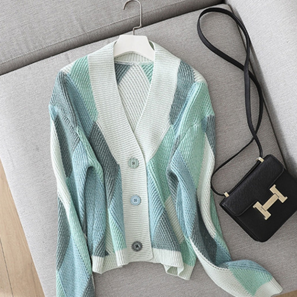 Casual Contrasting Colors Rhombus Pattern Cardigan Green Long Sleeve- 042