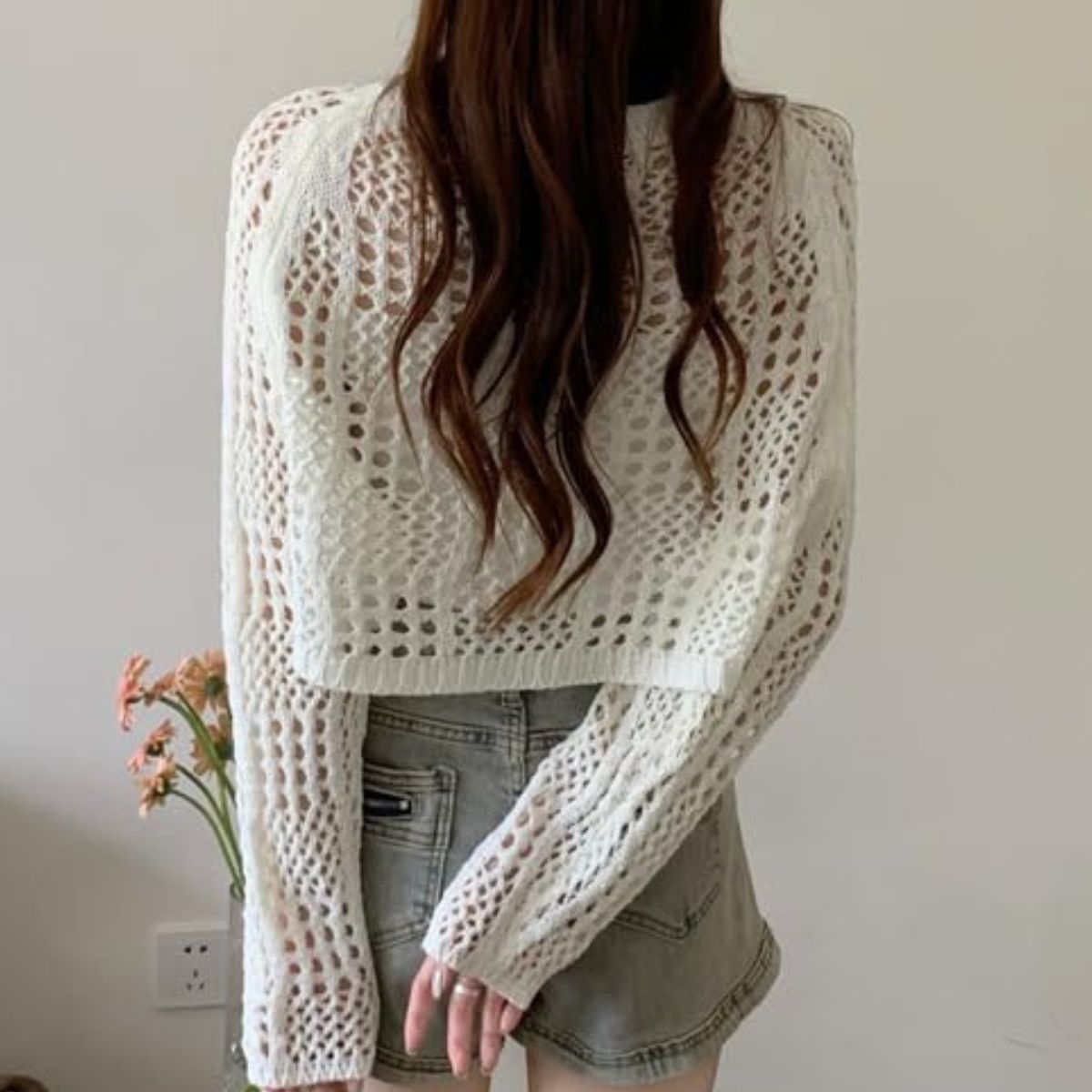 Women’s Knitted Crochet Transparent Long-Sleeve Hollow Out Sheer Pullover Top - C-03