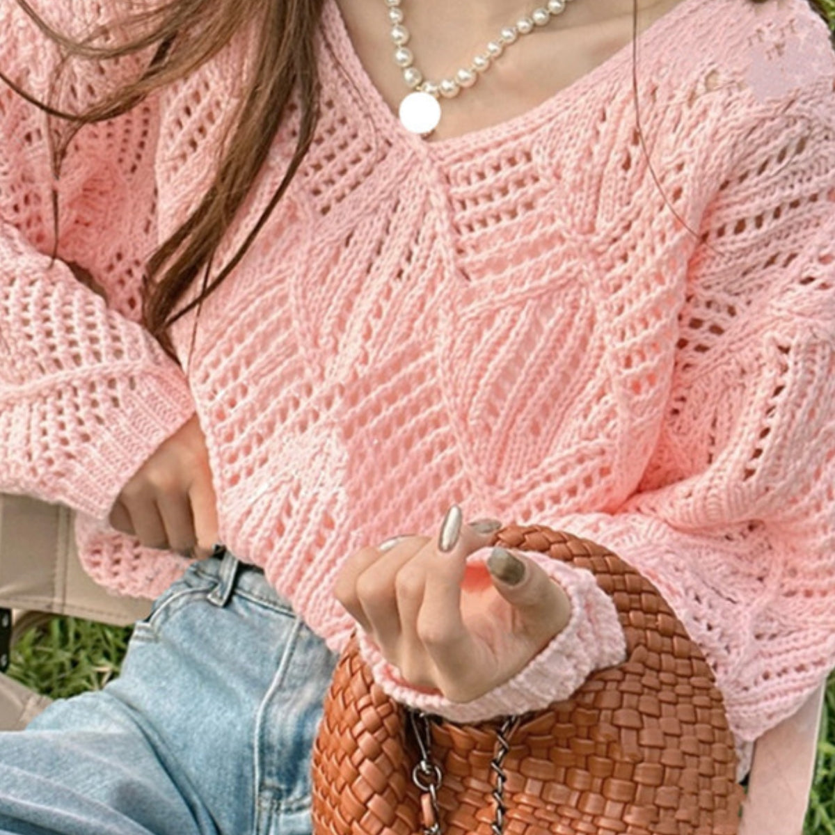 Women Solid V Neck Pink Crochet Top - C-015