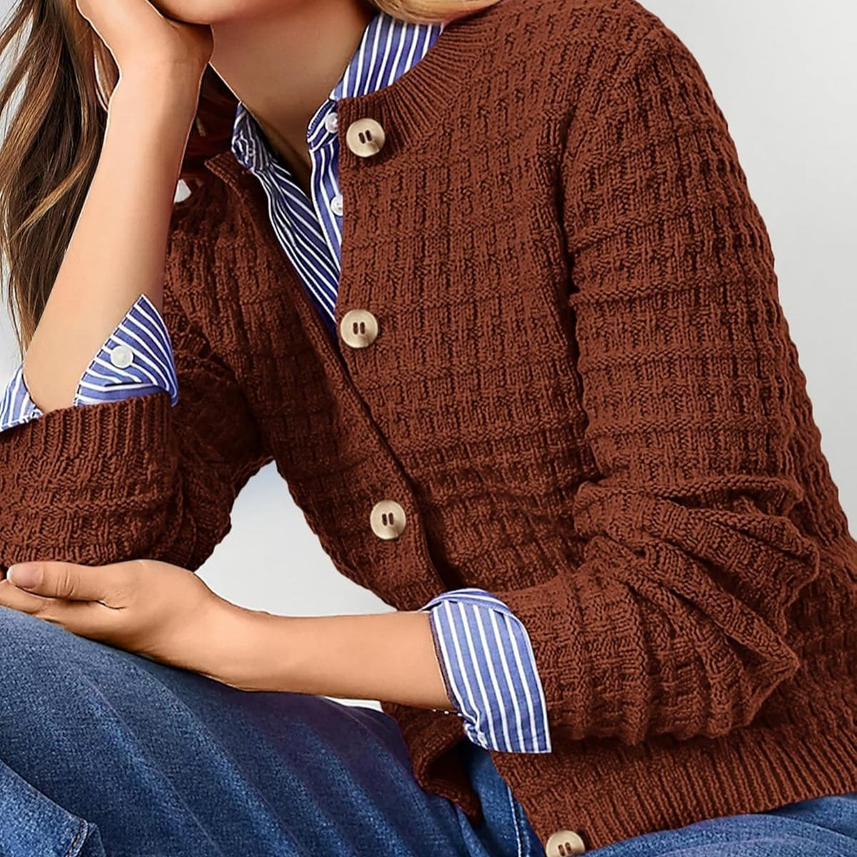 Women Brown Cardigan Sweaters Button Down Long Sleeve - 053