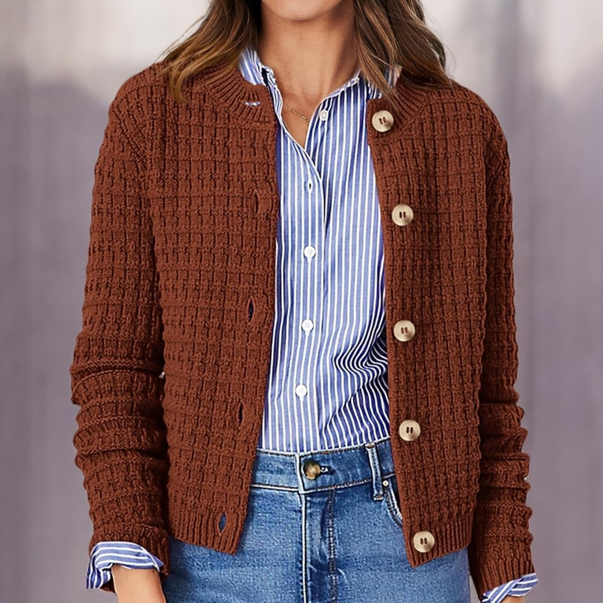 Women Brown Cardigan Sweaters Button Down Long Sleeve - 053