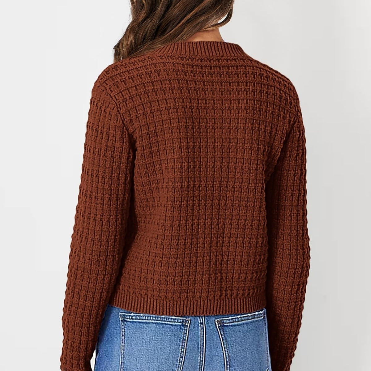 Women Brown Cardigan Sweaters Button Down Long Sleeve - 053