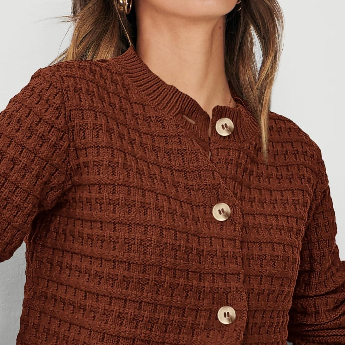 Women Brown Cardigan Sweaters Button Down Long Sleeve - 053