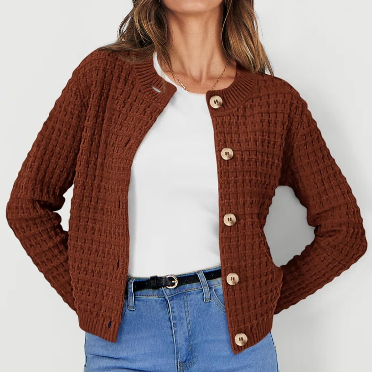 Women Brown Cardigan Sweaters Button Down Long Sleeve - 053