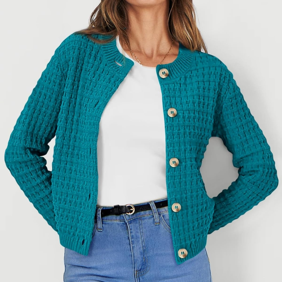 Women Bottle Green Cardigan Sweaters Button Down Long Sleeve - 054