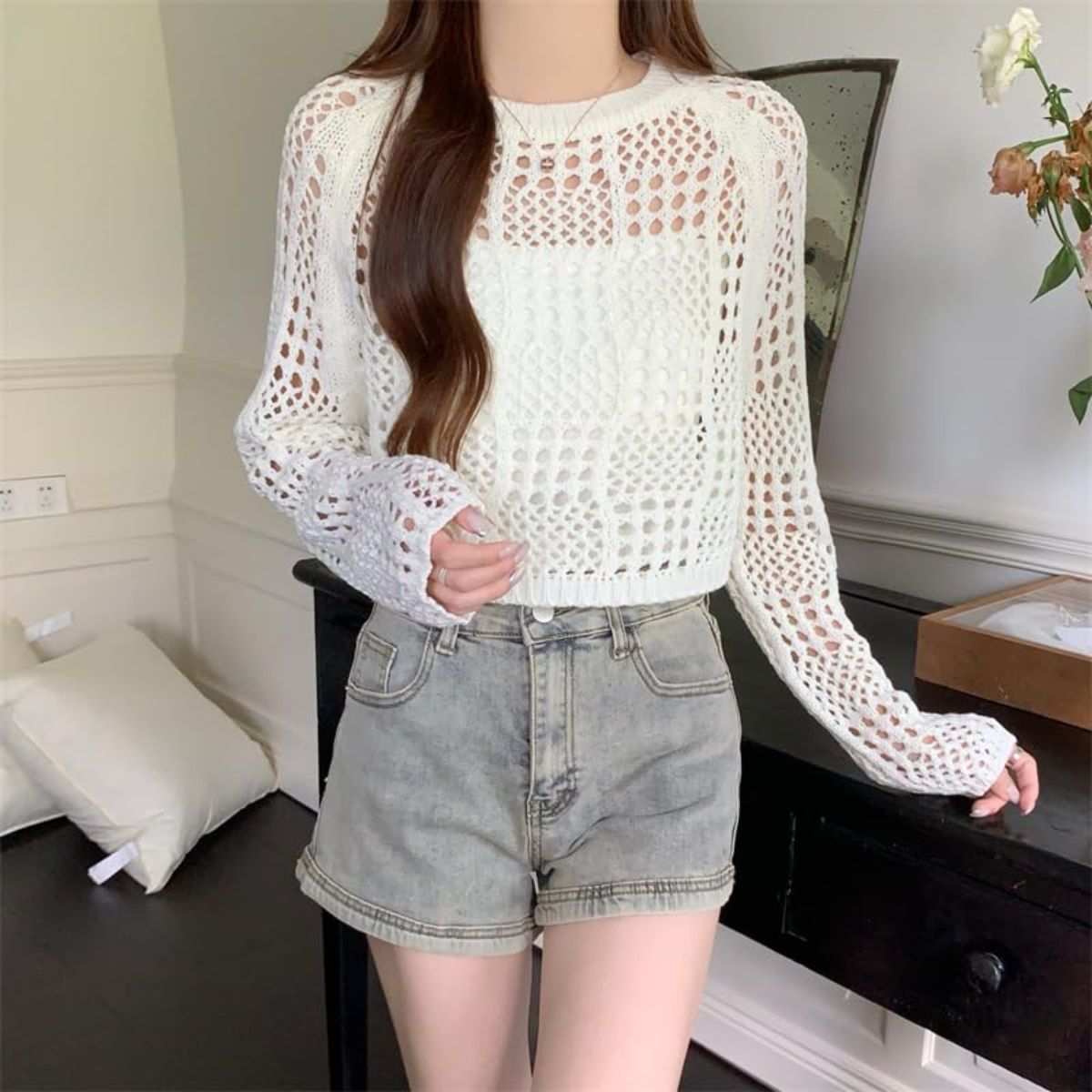 Women’s Knitted Crochet Transparent Long-Sleeve Hollow Out Sheer Pullover Top - C-03