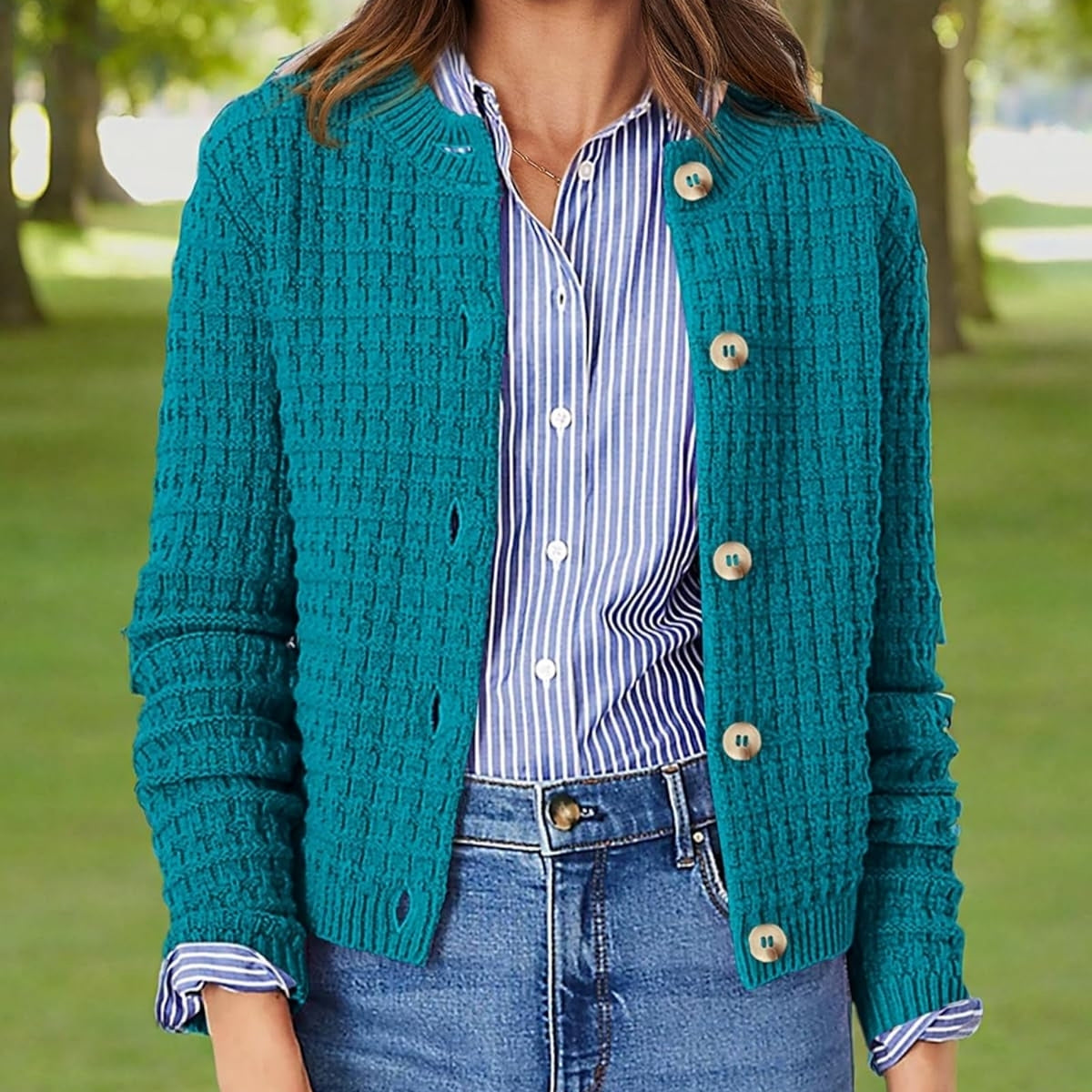 Women Bottle Green Cardigan Sweaters Button Down Long Sleeve - 054