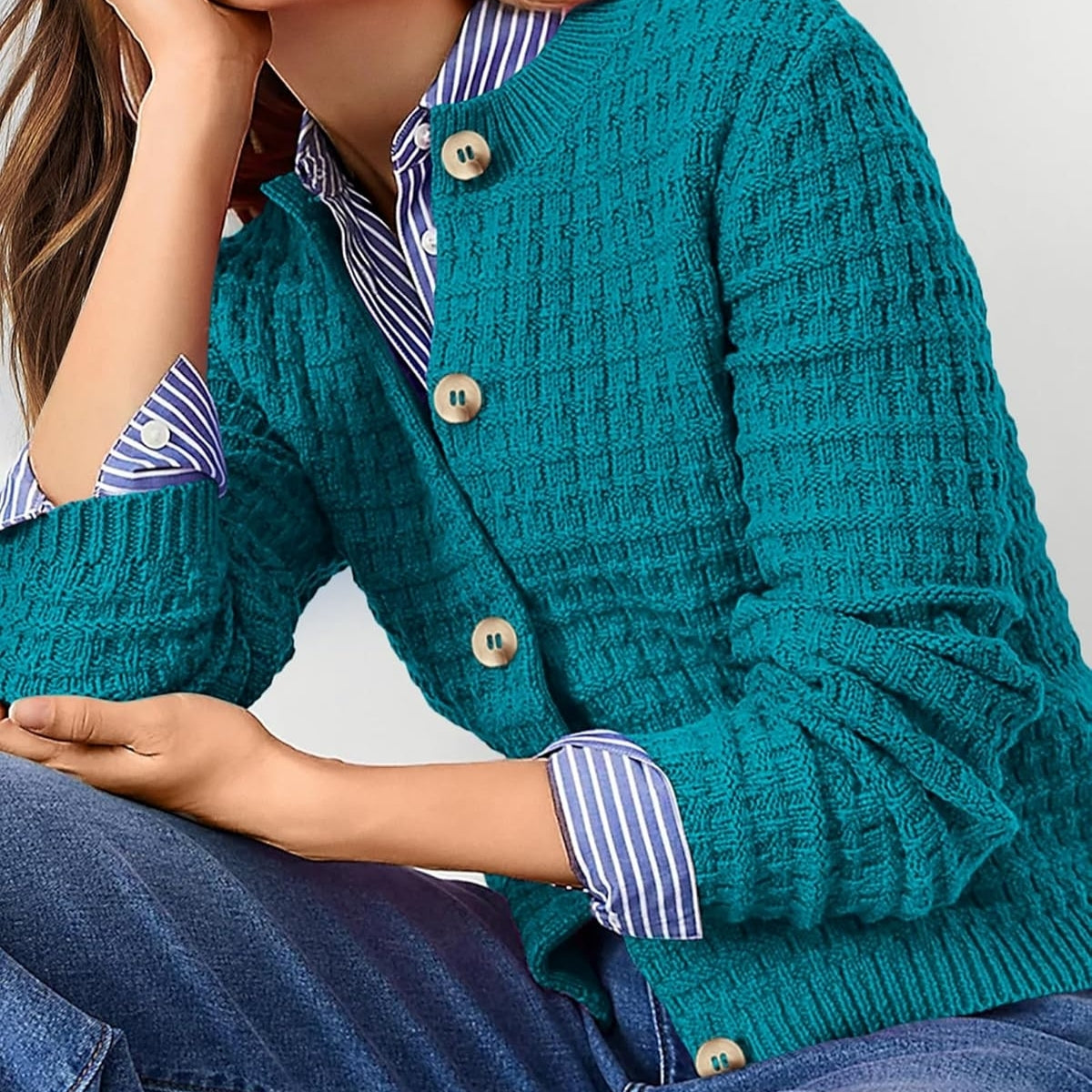 Women Bottle Green Cardigan Sweaters Button Down Long Sleeve - 054