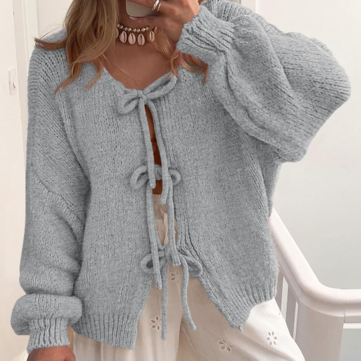 Women’s Cardigan With Lacing Front Long Sleeve Crew Neck Open Grey - 055