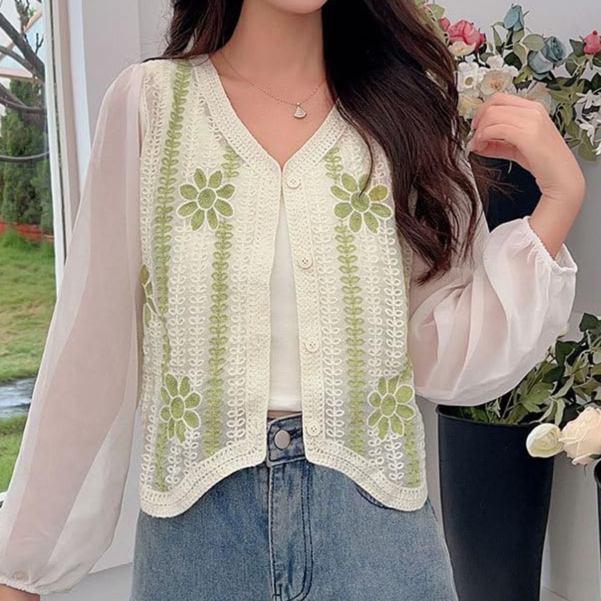 Women’s Boho Knit V-Neck Crochet Hollow Out Puff Sleeve Button Up Crop Top - C-04