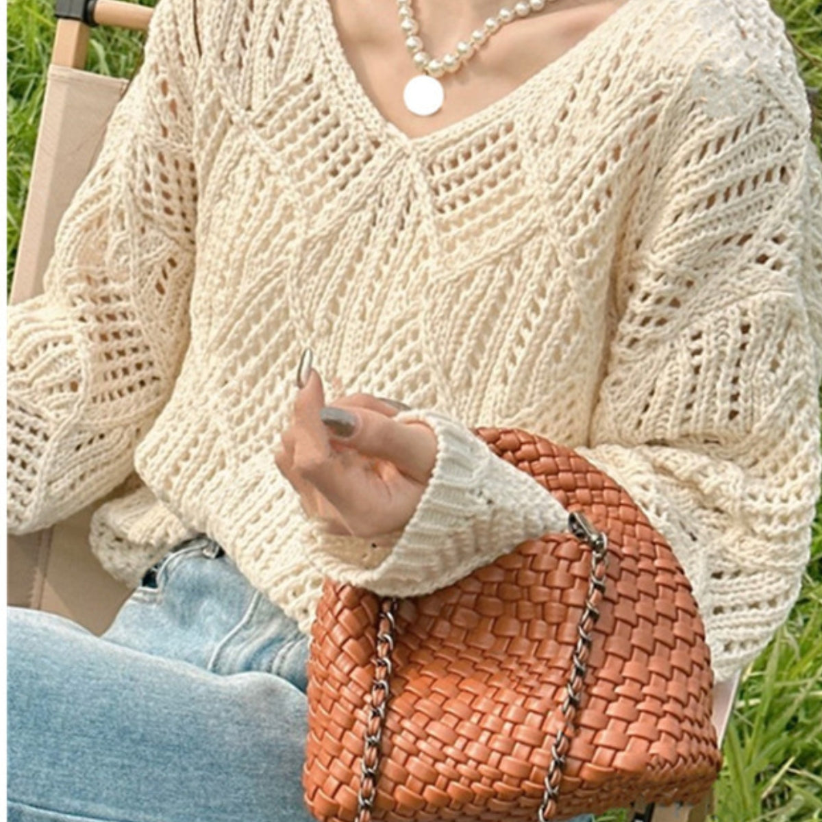 Women Solid V Neck Cream Crochet Top - C-016