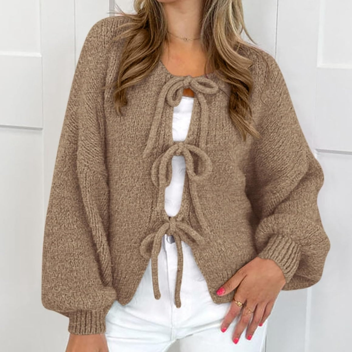 Women’s Cardigan With Lacing Front Long Sleeve Crew Neck Open Brown - 055 (Copy)