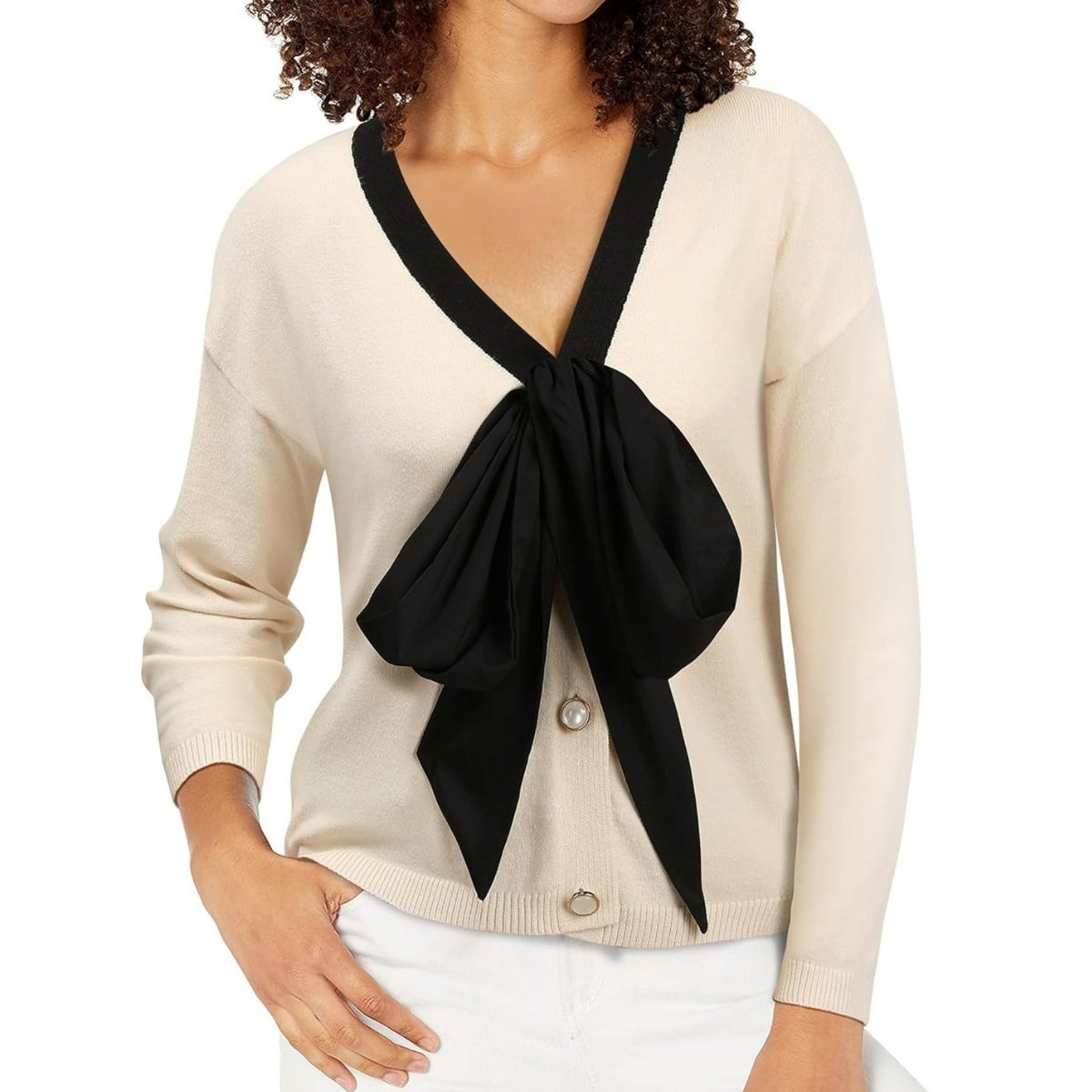 Women Black Tie Up Cream Cardigan Sweater - 057