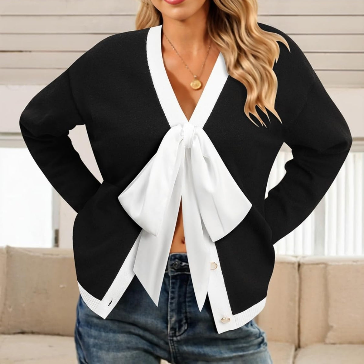 Women White Tie Up Black Cardigan Sweater - 056