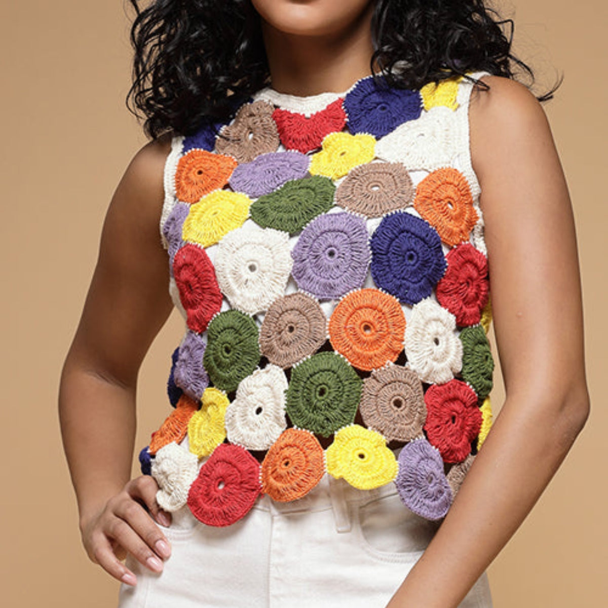 Women Solid Circles Multicolor Crochet Top - C-017