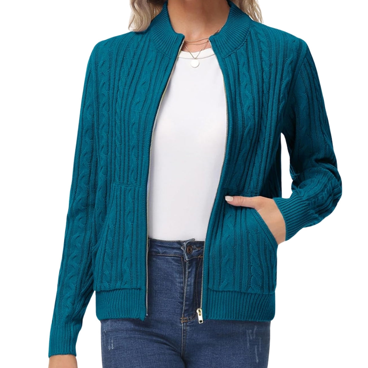 Women Self Design High Neck Blue Zipper Sweater Cardigan - 059