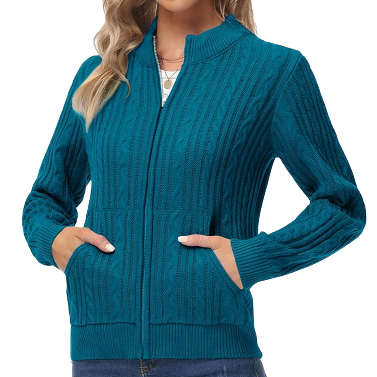 Women Self Design High Neck Blue Zipper Sweater Cardigan - 059