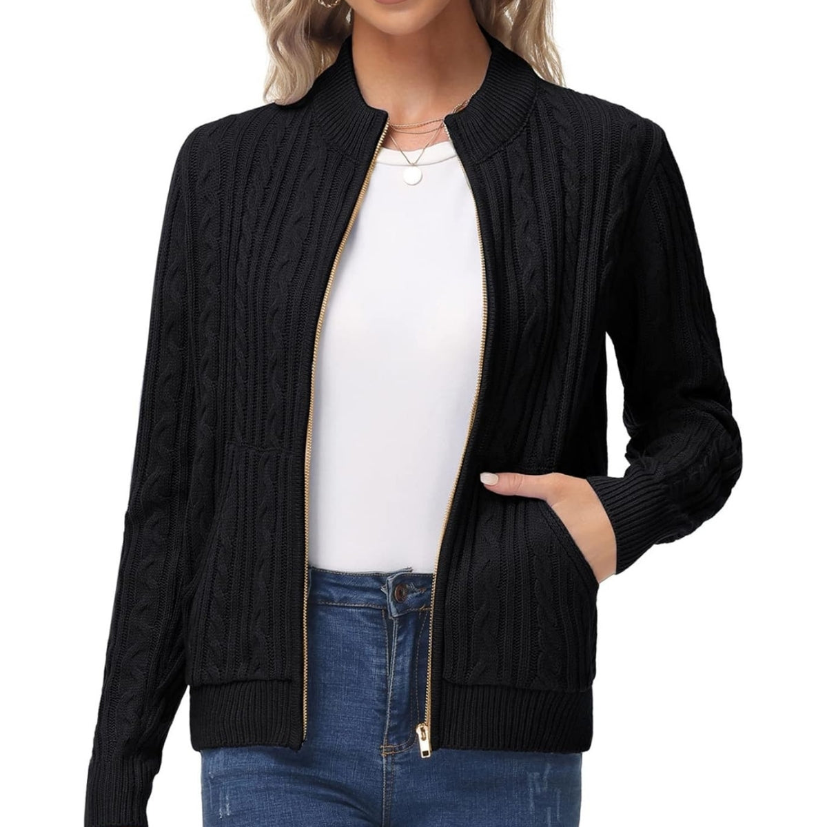 Women Self Design High Neck Black Zipper Sweater Cardigan - 060