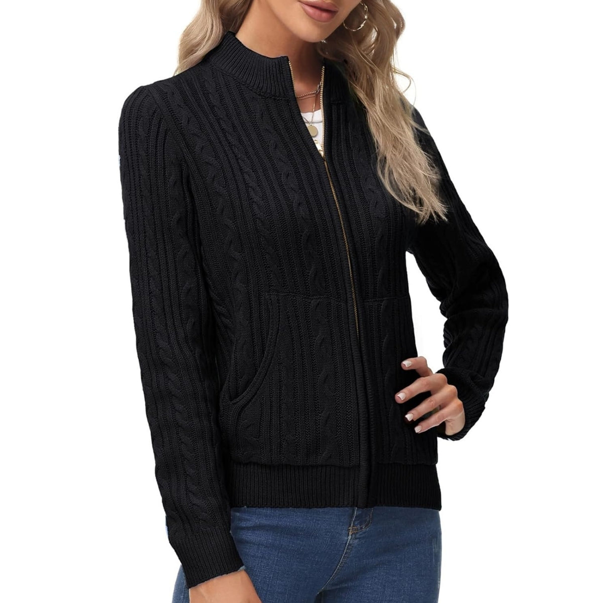 Women Self Design High Neck Black Zipper Sweater Cardigan - 060