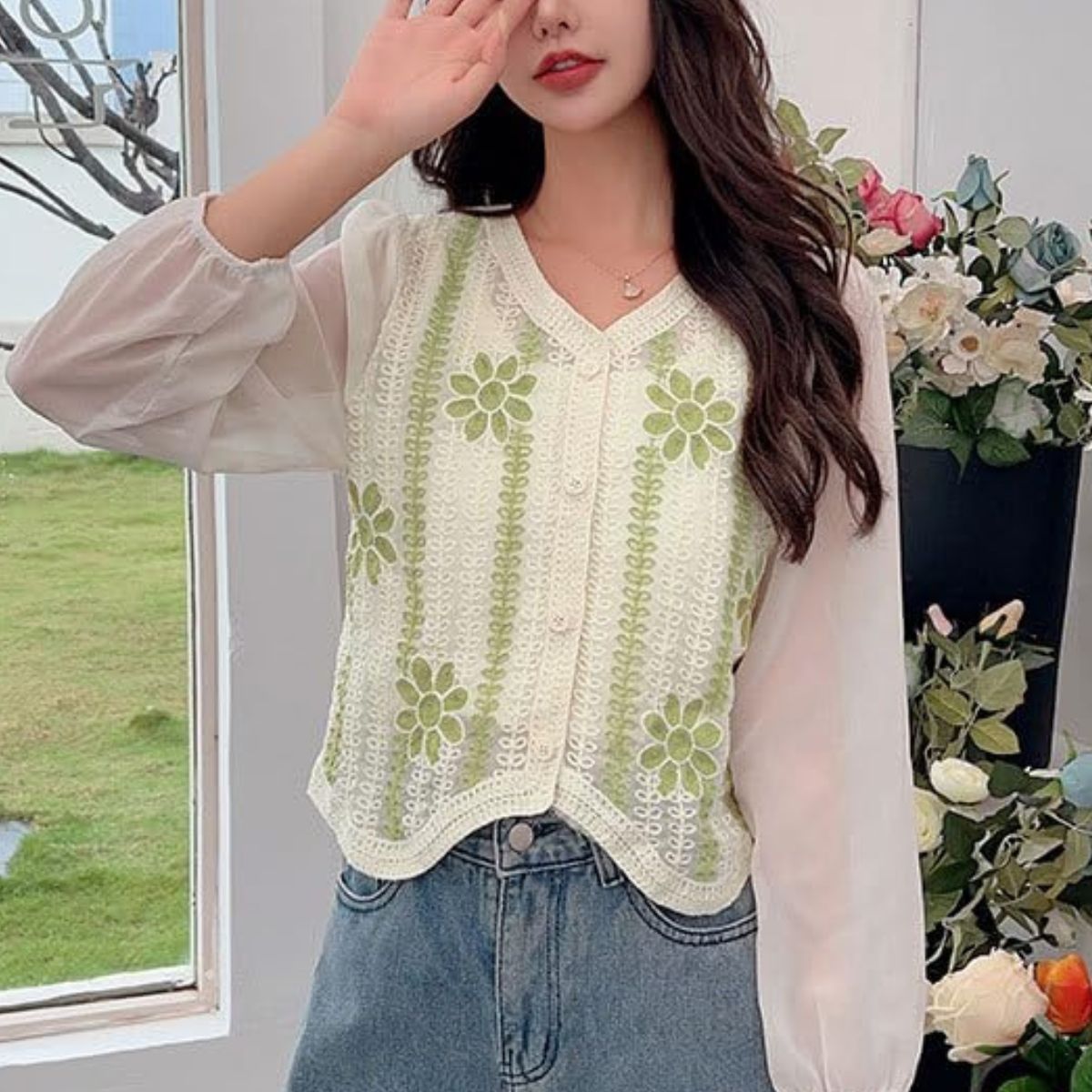 Women’s Boho Knit V-Neck Crochet Hollow Out Puff Sleeve Button Up Crop Top - C-04