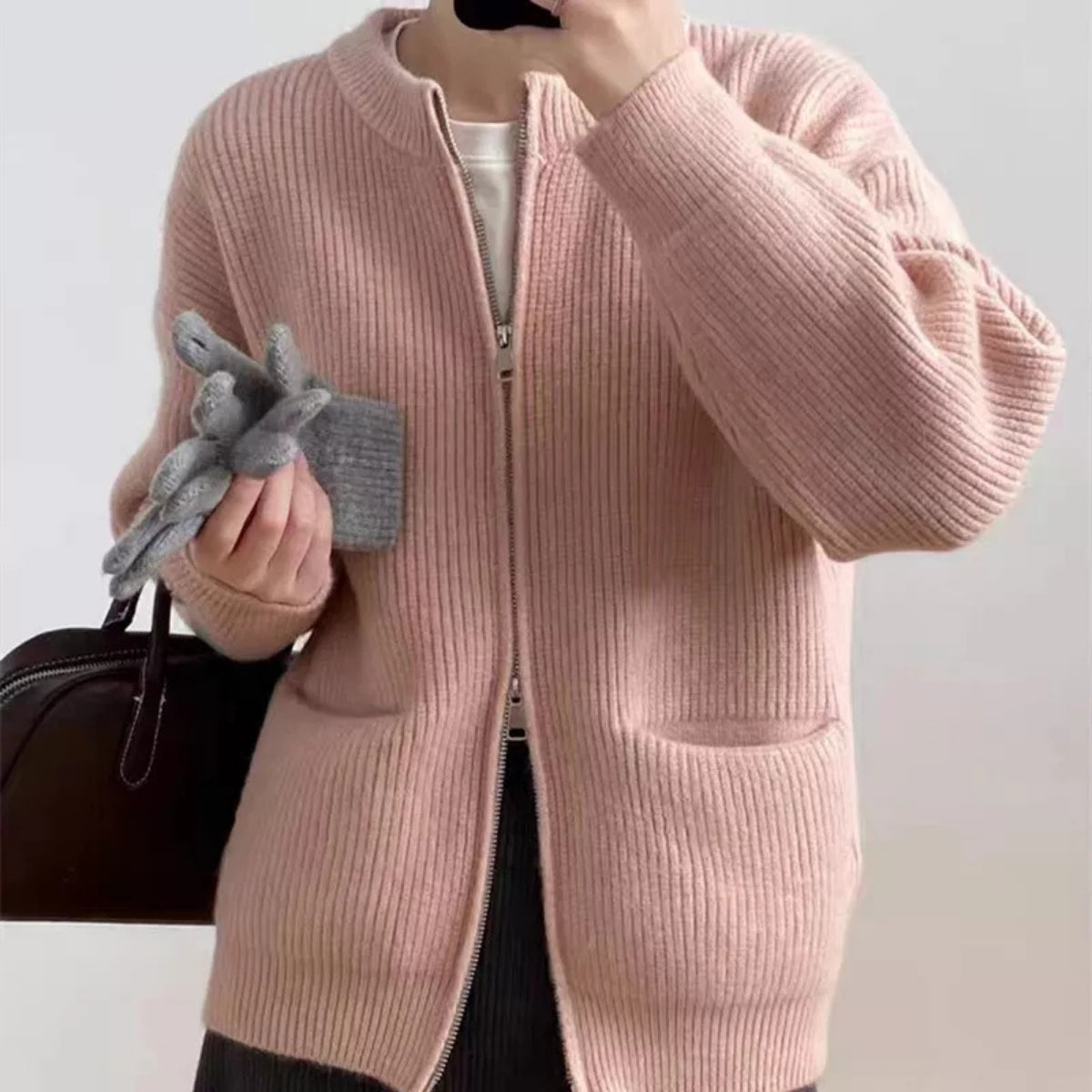 Women Baby Pink Zipper Cardigan Winter Essential - 062