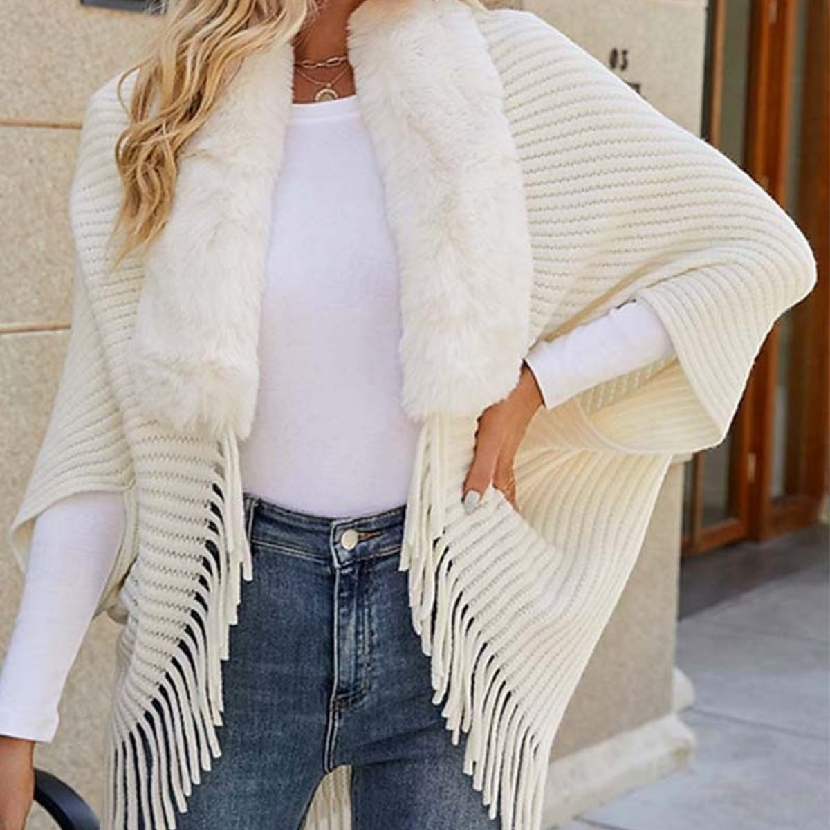 Women’s Open Front Sweater Cardigan High Low Fuzzy Faux Fur Collar Poncho Cape Winter Knit