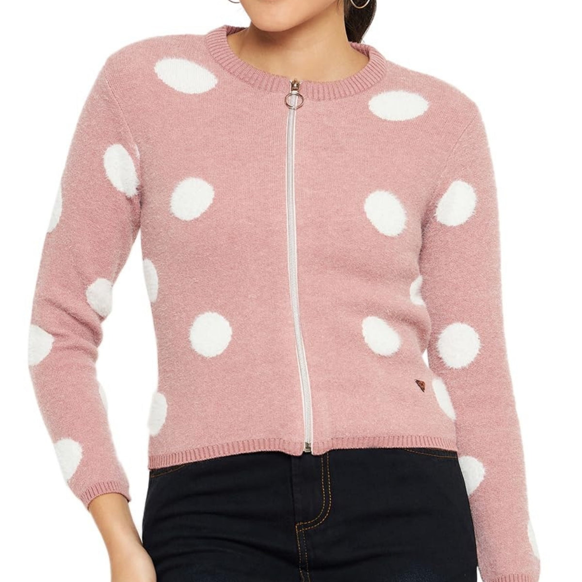 Women Polka Print Round Neck Pink Sweater - 066