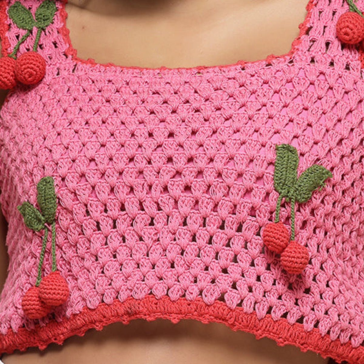 Women Solid Pink with Red Cherry Crochet Top - C-018