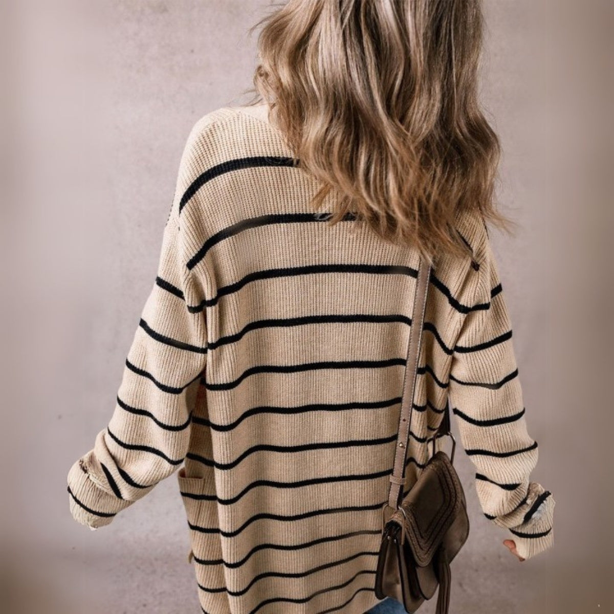 Stripe Side Pockets Open Front Long Cardigan -01