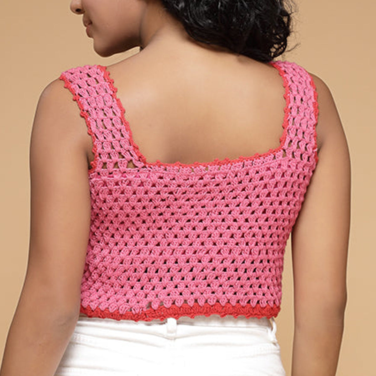 Women Solid Pink with Red Cherry Crochet Top - C-018