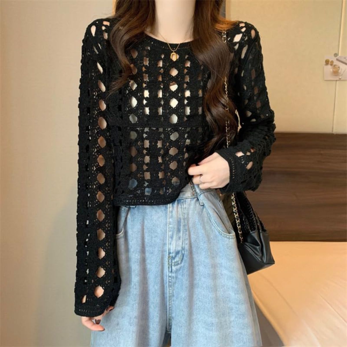 Women’s Knitted Cut Work Transparent Crochet Long Sleeve Crop Top- C-08