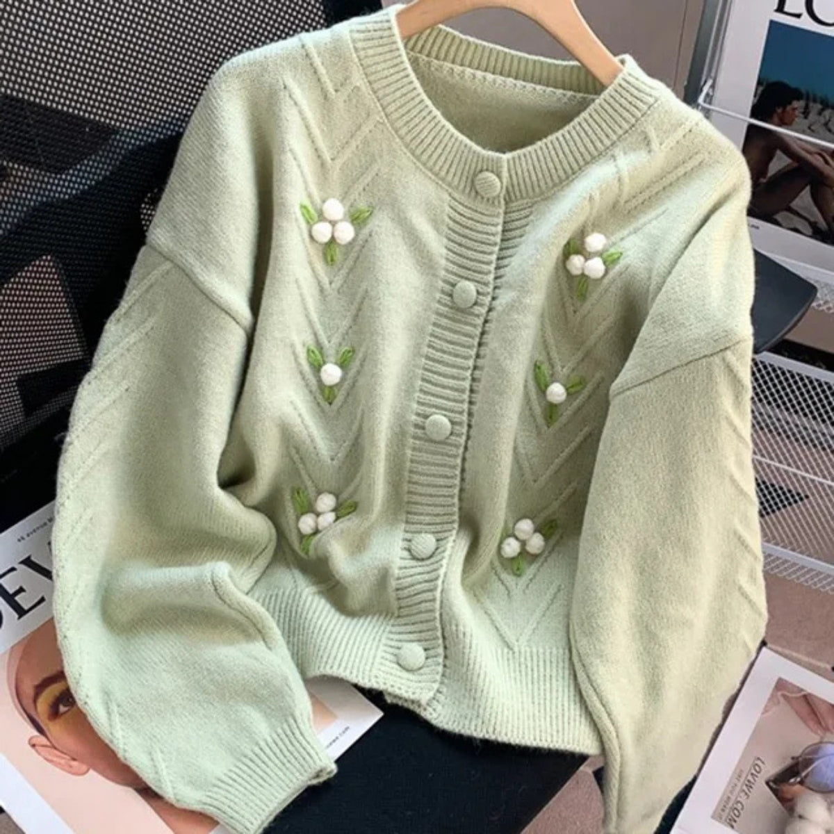 Women’s Flower Beaded Knitted Sea Green Cardigan -09