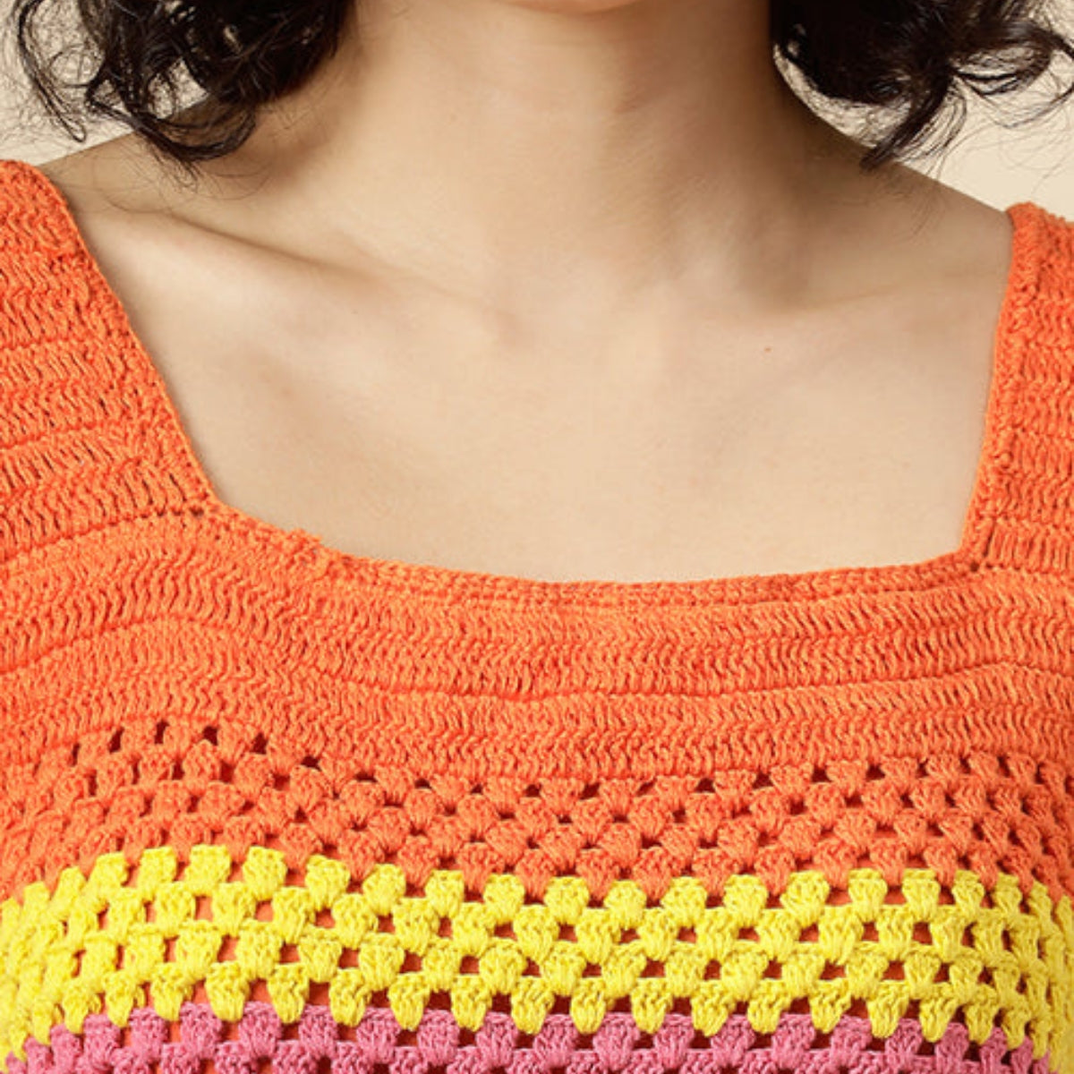 Women Solid Orange Gradient Crop Crochet Top - C-020