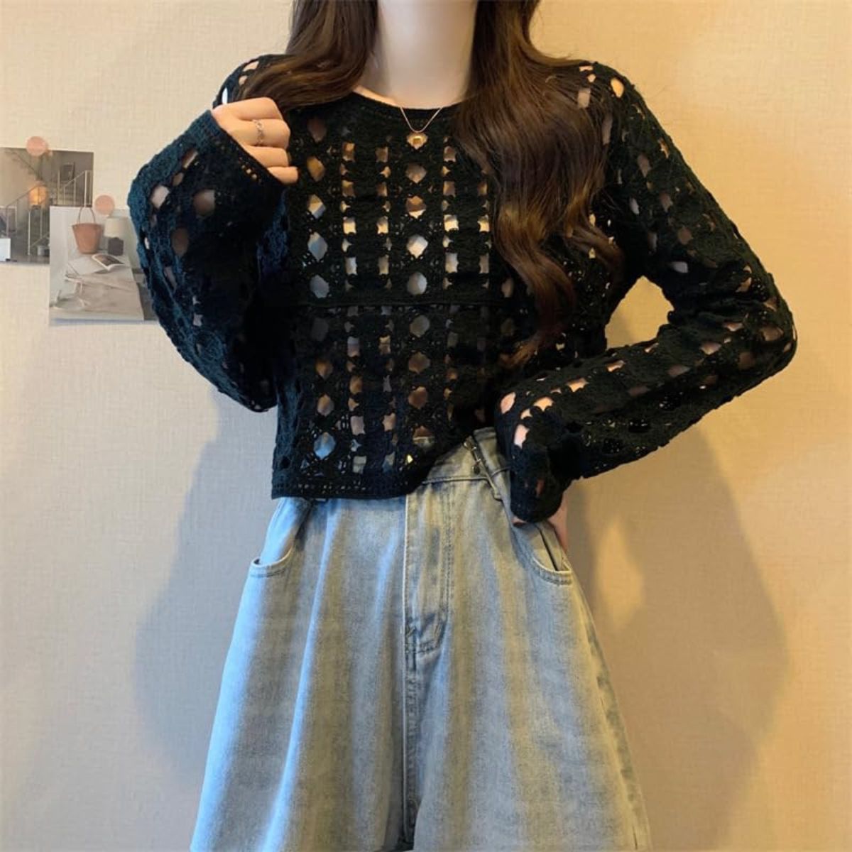 Women’s Knitted Cut Work Transparent Crochet Long Sleeve Crop Top- C-08