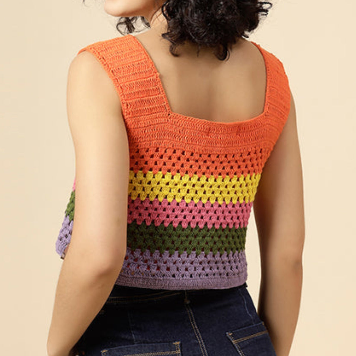 Women Solid Orange Gradient Crop Crochet Top - C-020