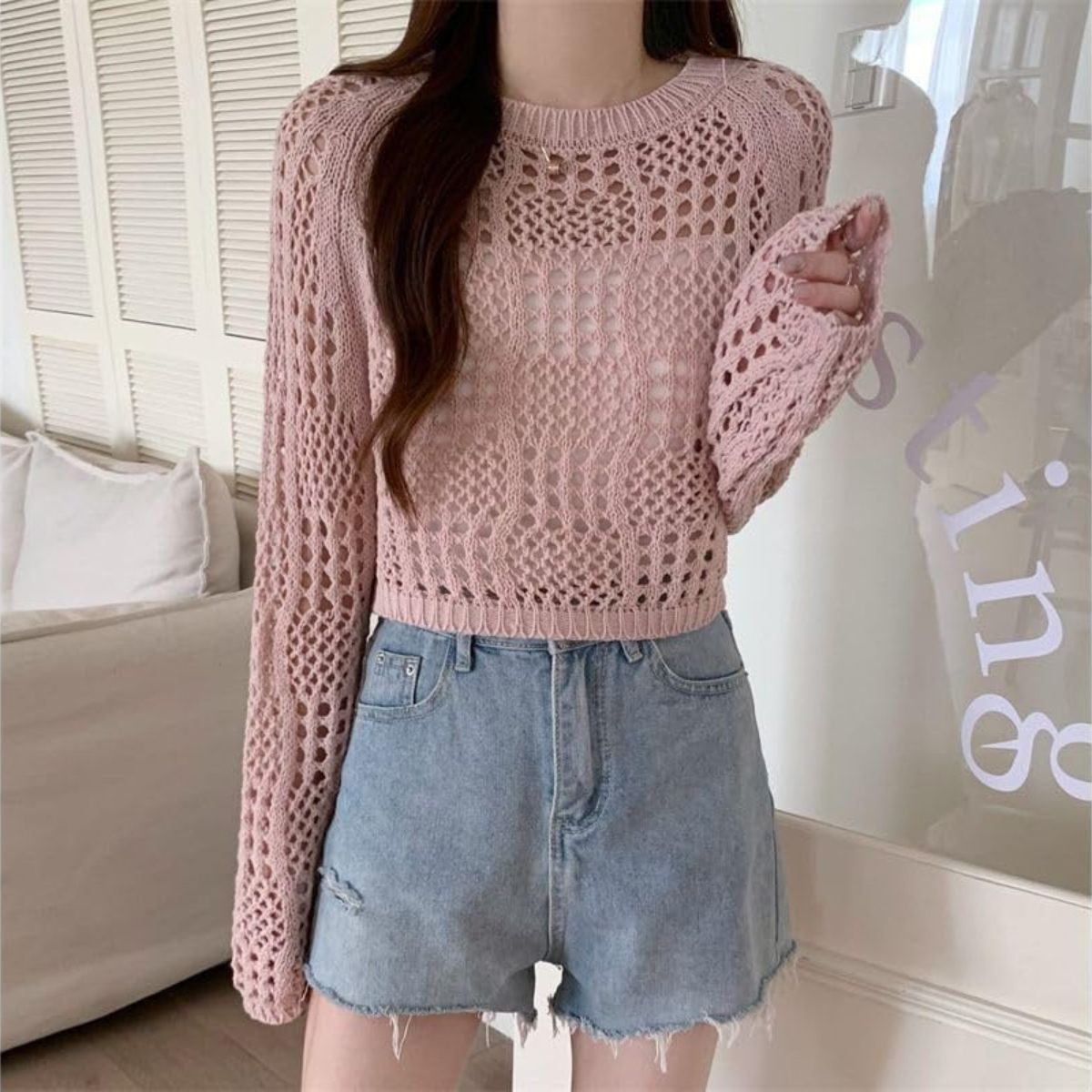 Women’s Long-Sleeve Round Neck Plain Perforated Knit Crochet Top- C-09