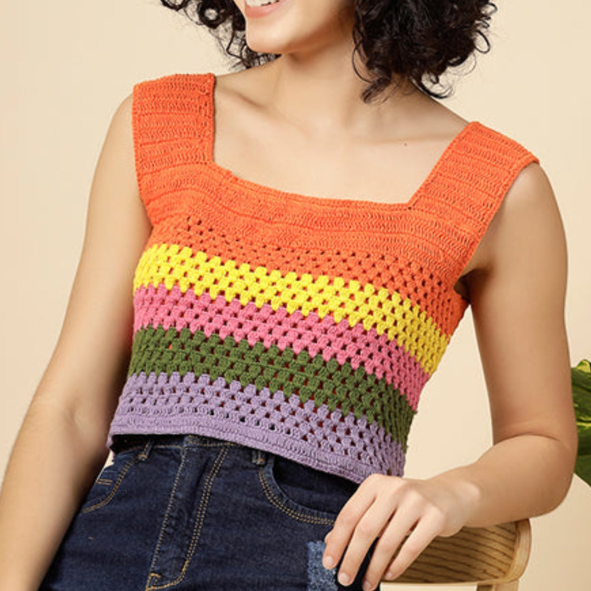 Women Solid Orange Gradient Crop Crochet Top - C-020