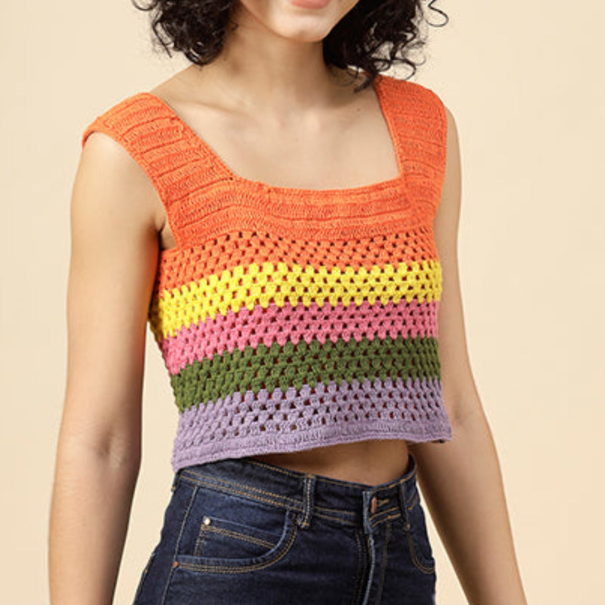 Women Solid Orange Gradient Crop Crochet Top - C-020