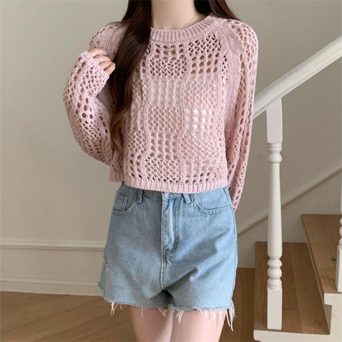 Women’s Long-Sleeve Round Neck Plain Perforated Knit Crochet Top- C-09