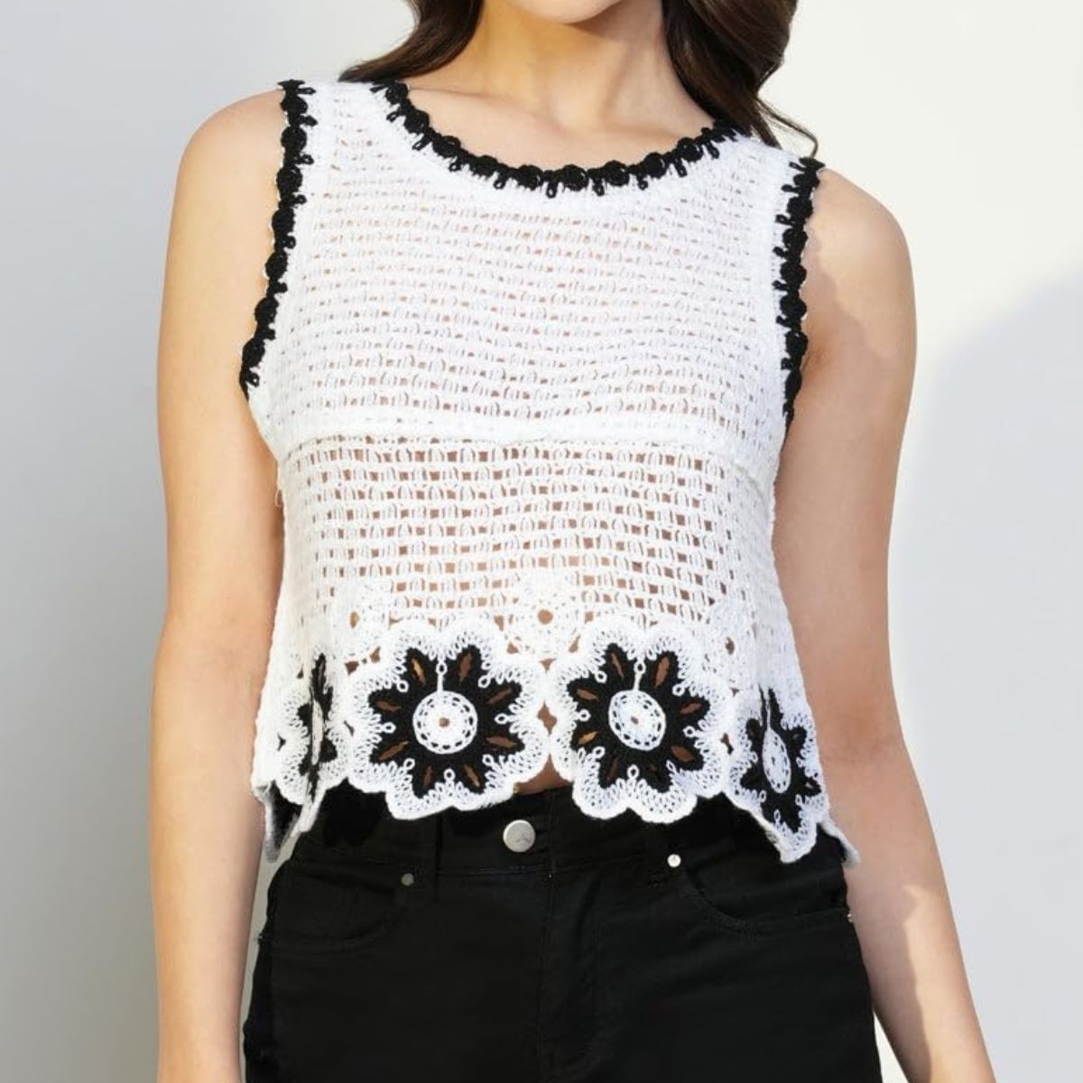 White With Black Border Cotton Blended Sleeveless Crochet Top - C-01