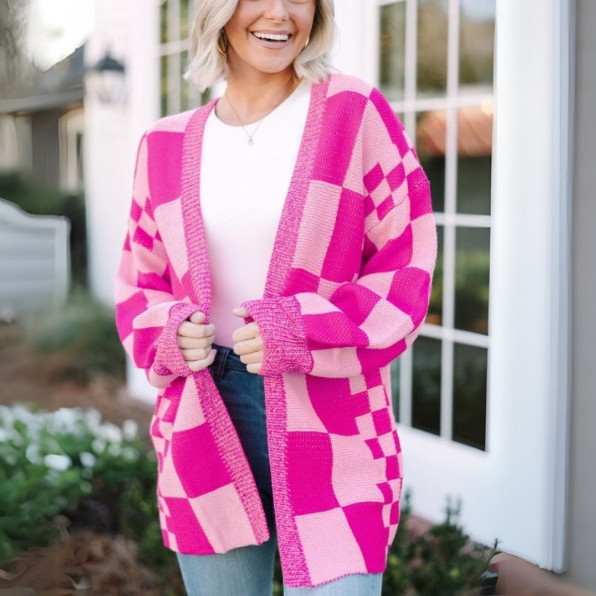 Checked Pink Printed Ribbed Trim Open Front Cardigan -02